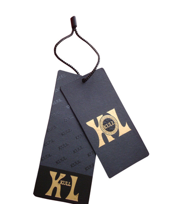 Harga yang bagus Label Pakaian Cetak Kustom Kertas Hangtags UV Coating Gold Foil Stamping Logo on line