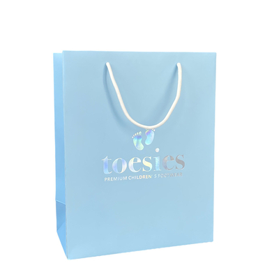 Harga yang bagus Dicetak Tas Pembawa Kertas Biru Mewah Kemasan Garmen Dengan Logo Hologram on line
