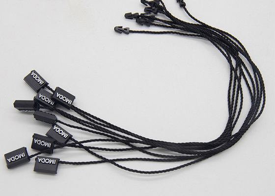 Harga yang bagus Custom White Foil Logo Black Plastic Tags Small Plastic Hangtags Single End String on line