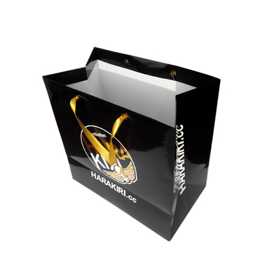 Harga yang bagus Tas Tote Euro Kertas Hitam Cetak Kustom Dengan Logo Pita Satin Tali Emas Foil on line