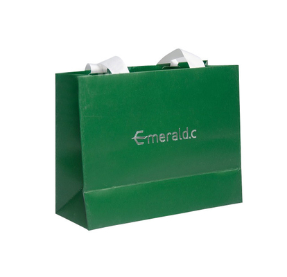 Harga yang bagus Tas Tote Euro Kertas Hijau Cetak Kustom Dengan Logo Stamping Foil Perak Untuk Pakaian on line