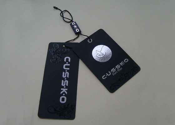 Harga yang bagus Kertas Cetak Hang Tag Untuk Lini Pakaian Tag Segel Plastik UV Coating Silver Foil Logo on line
